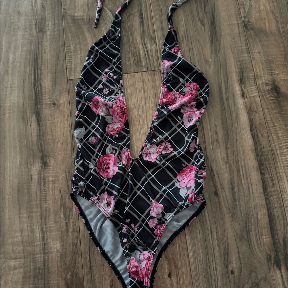 Floral Black and Pink One-Piece Swimsuit